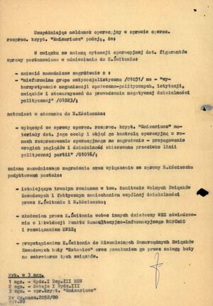 Meldunek Wydz. III KWMO Katowice z 10 IX 1980 r. dot. m.in. rozłamu w KWZZ i jego rozwiązania (AIPN Ka 048/916, t. 2, k. 5).