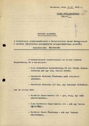 Notatka z 14 II 1979 r. z narady przedstawicieli KWMO Katowice i MSW w sprawie ustalenia wyroku dla K. Świtonia (AIPN Ka 048/916, t. 5, k. 226–227).