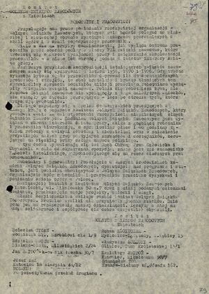 Apel WZZ do robotników i pracowników, podpisany przez członków WZZ i kolportowany w Katowicach w październiku 1978 r. (AIPN Ka 048/916, t. 6, k. 97).