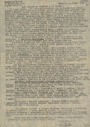 „List otwarty do górników i ich rodzin” podpisany przez K. Świtonia w imieniu WZZ, 10 XI 1979 r. (AIPN Ka 048/916, t. 6, k. 445).