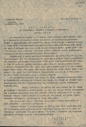 „List otwarty do katolików – członków walczącej z Kościołem partii PZPR” podpisany przez K. Świtonia, 20 I 1980 r. (AIPN Ka 048/916, t. 6, k. 444).