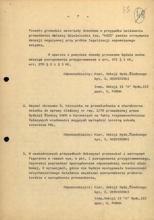 Informacja Wydz. III KWMO Katowice z 17 VI 1978 r. o zrealizowanych i planowanych działaniach wobec R. Kściuczka i jego rodziny (AIPN Ka 048/1847, t. 1, k. 50–55).