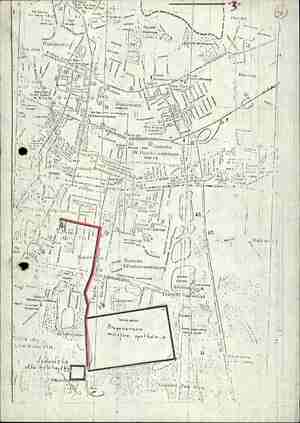 Mapka z planowanym miejscem spotkania i trasą przejazdu kolumny z papieżem z lotniska na Muchowcu do Katedry (AIPN Ka 030/177, t. 1, k. 9)