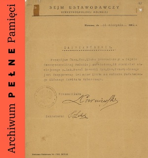 Zaświadczenie dot. desygnowania Pawła Romockiego na członka Państwowego Głównego Komitetu Wyborczego, Warszawa, 31 VIII 1922 r.