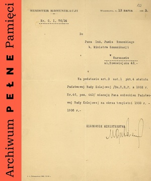 Nominacja Pawła Romockiego na członka Państwowej Rady Kolejowej na lata 1933-1936, Warszawa, 13 III 1933 r.