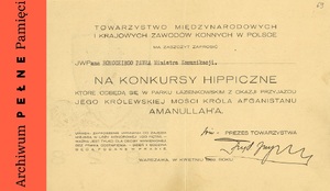 Rewers zaproszenia na konkursy hippiczne w Parku Łazienkowskim w Warszawie, Warszawa 1928 r.
