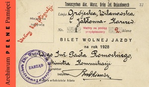 Bilet wolnej jazdy dla Pawła Romockiego na 1928 r.