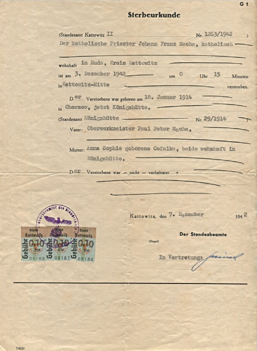 Świadectwo zgonu ks. Jana Machy z 7 grudnia 1942 r. wydane rodzinie. Fot. z archiwum rodzinnego ks. Machy