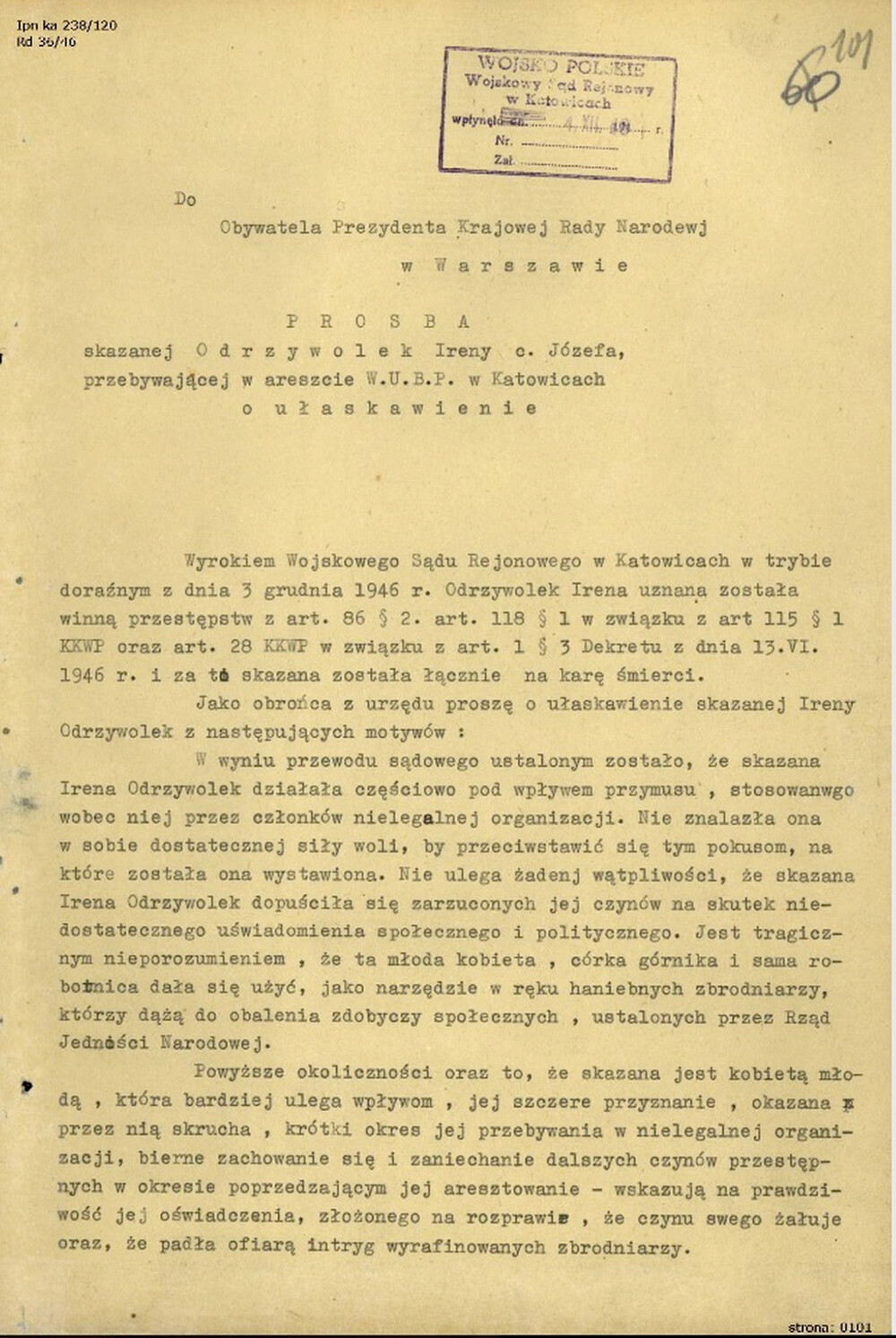 Prośba obrońcy Ireny Odrzywołek o ułaskawienie, 4 XII 1946 r. (IPN Ka 238/120)