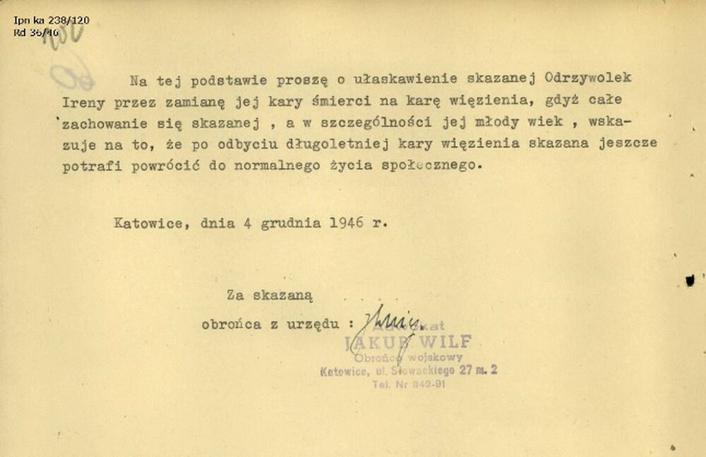 Prośba obrońcy Ireny Odrzywołek o ułaskawienie, 4 XII 1946 r. (IPN Ka 238/120)