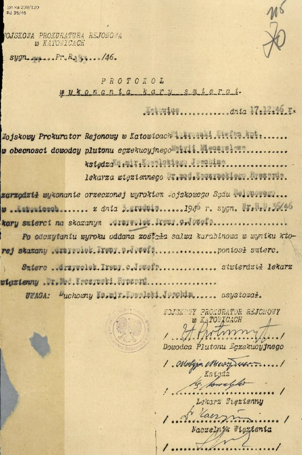 Protokół wykonania kary śmierci wobec Ireny Odrzywołek, 17 XII 1946 r. (IPN Ka 238/120)