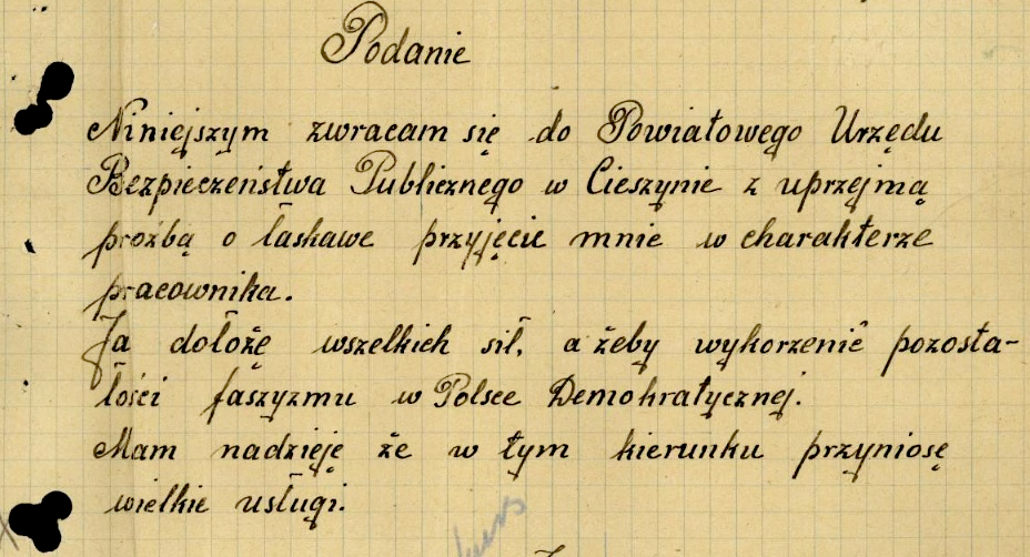 Podanie o przyjęcie Feliksa D. do PUBP w Cieszynie, grudzień 1945 r.