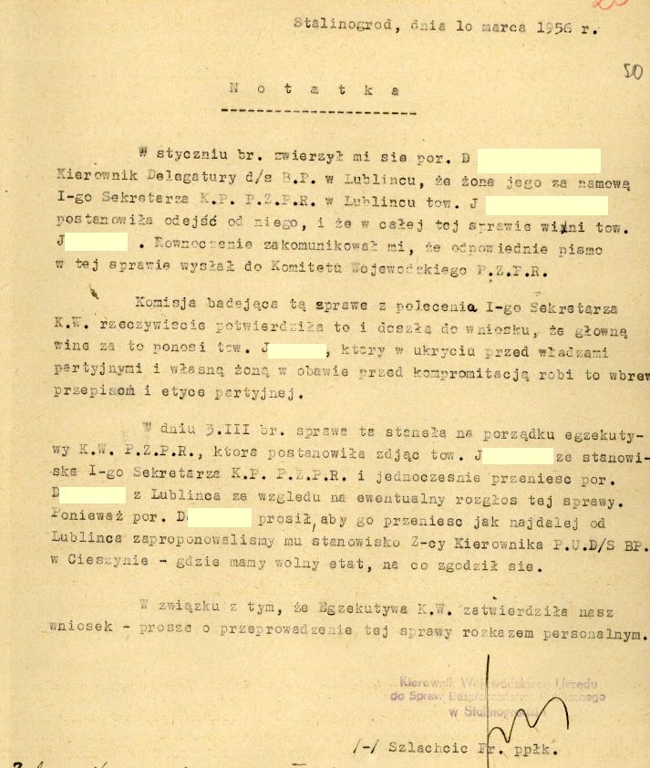 Notatka w sprawie konfliktu między szefem UB i PZPR w Lublińcu, marzec 1956 r.