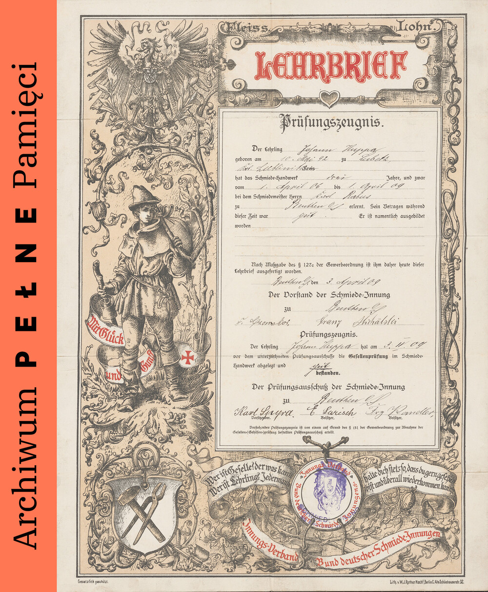 Świadectwo ukończenia nauki rzemiosła kowalskiego przez Jana Hupę, 3 IV 1909 r., IPN Ka 454/193, t. 1