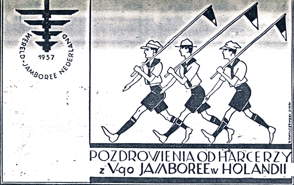 Pocztówka wydana przez 1 ZDH podczas V Jamboree Skautowego w Holandii, 1937 r., możliwy autor: Stan Kowalczewski (IPN Ka 454/194, t. 2)