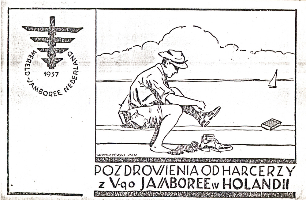 Pocztówka wydana przez 1 ZDH podczas V Jamboree Skautowego w Holandii, 1937 r., możliwy autor: Stan Kowalczewski (IPN Ka 454/194, t. 2)