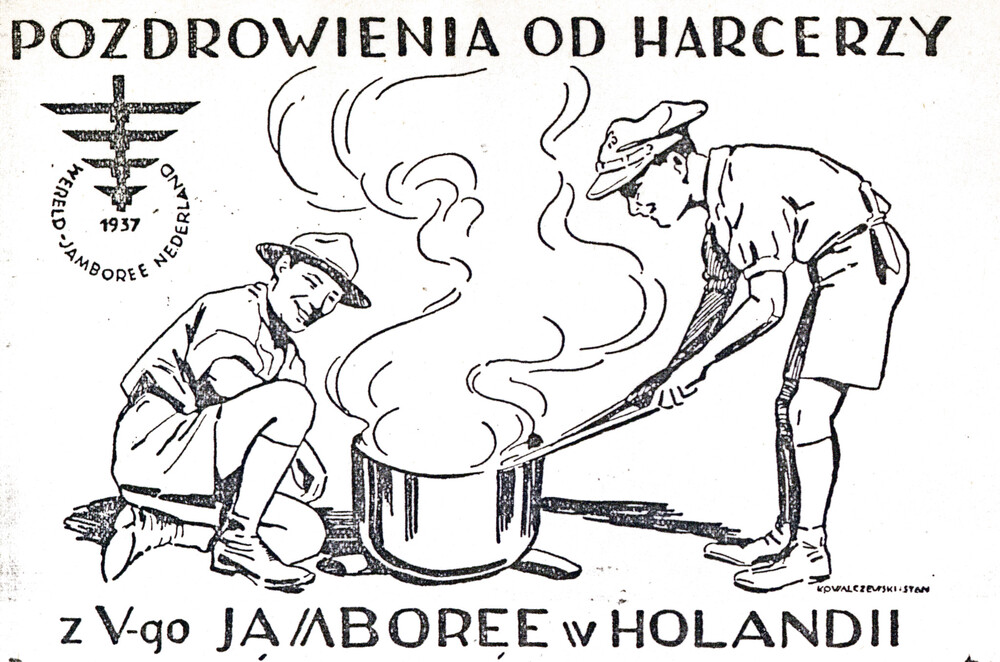 Pocztówka wydana przez 1 ZDH podczas V Jamboree Skautowego w Holandii, 1937 r., możliwy autor: Stan Kowalczewski (IPN Ka 454/194, t. 2)