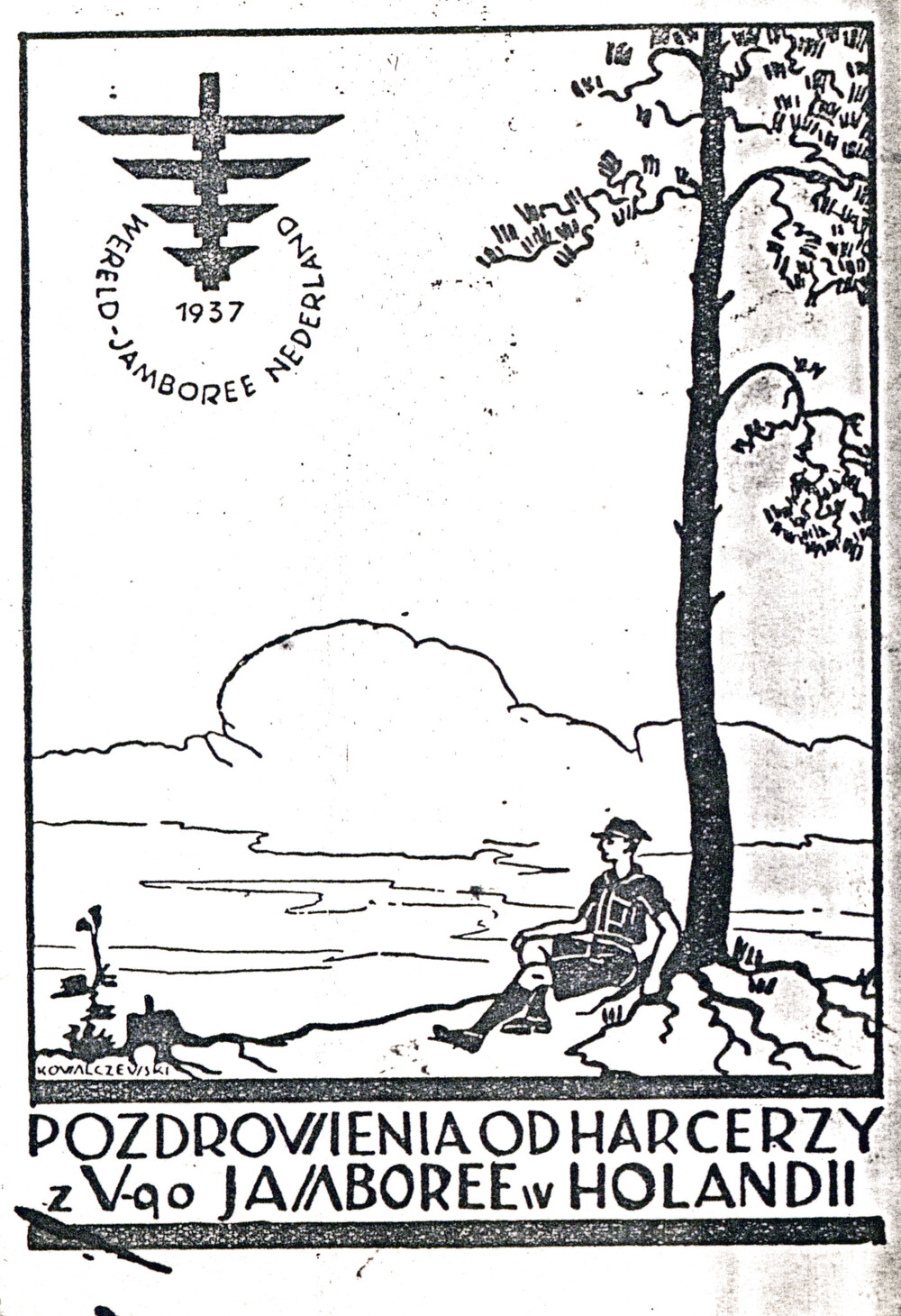 Pocztówka wydana przez 1 ZDH podczas V Jamboree Skautowego w Holandii, 1937 r., możliwy autor: Stan Kowalczewski (IPN Ka 454/194, t. 2)