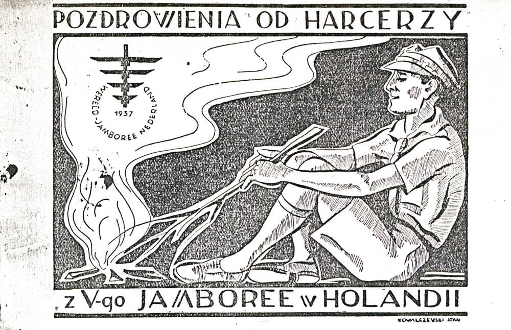 Pocztówka wydana przez 1 ZDH podczas V Jamboree Skautowego w Holandii, 1937 r., możliwy autor: Stan Kowalczewski (IPN Ka 454/194, t. 2)