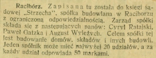 Notatka prasowa z „Górnoślązaka” z maja 1909 r. o powołaniu spółki budowlanej „Strzecha” w Raciborzu („Górnoślązak” nr 122, 1909)