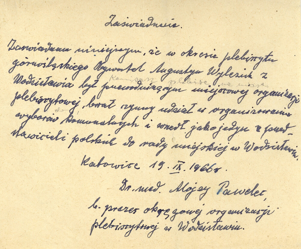 Zaświadczenie o zaangażowaniu Augustyna Wyleżycha w okresie plebiscytu (IPN Ka 454/192)