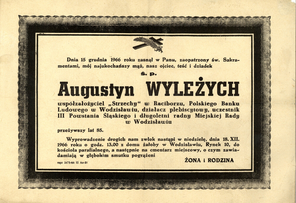 Klepsydra z informacją o śmierci Augustyna Wyleżycha.