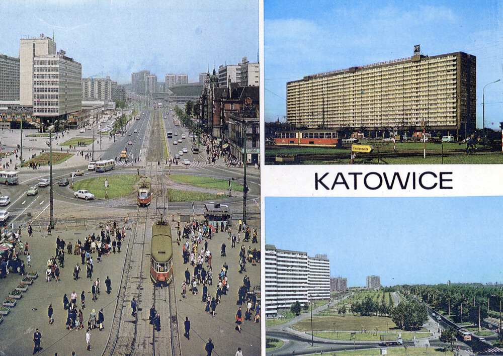 Katowice, ul. Armii Czerwonej (obecnie Aleja Wojciecha Korfantego), Superjednostka i ul. F. Dzierżyńskiego (obecnie Chorzowska; fot. J. Jastrzębski, A. Kaczkowski, A. Stelmach, wyd. Krajowa Agencja Wydawnicza; IPN Ka 462/565, t. 1)