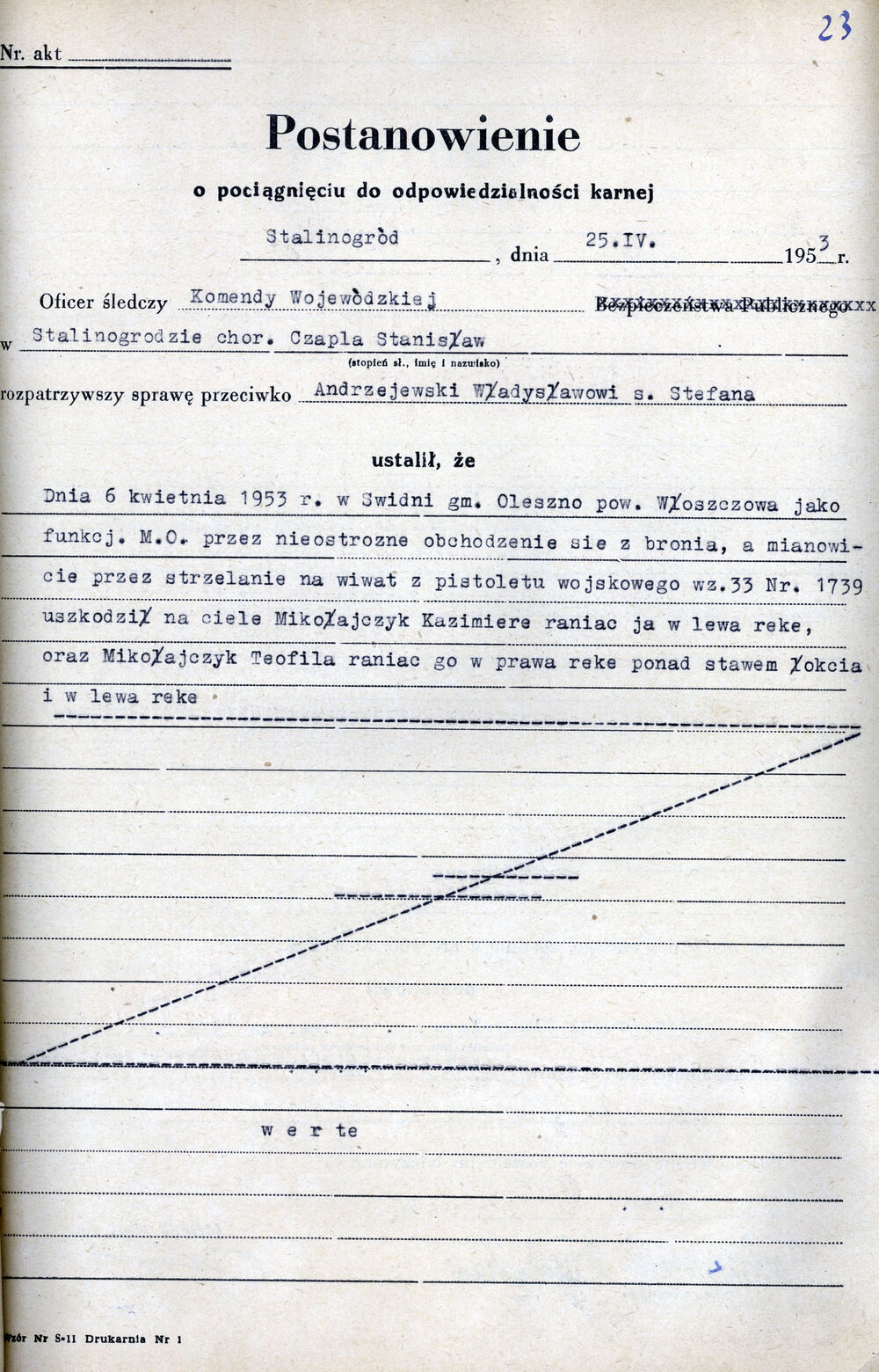 Postanowienie o pociągnięciu do odpowiedzialności karnej, 25 kwietnia 1953 r. (IPN Ka 238/4255)