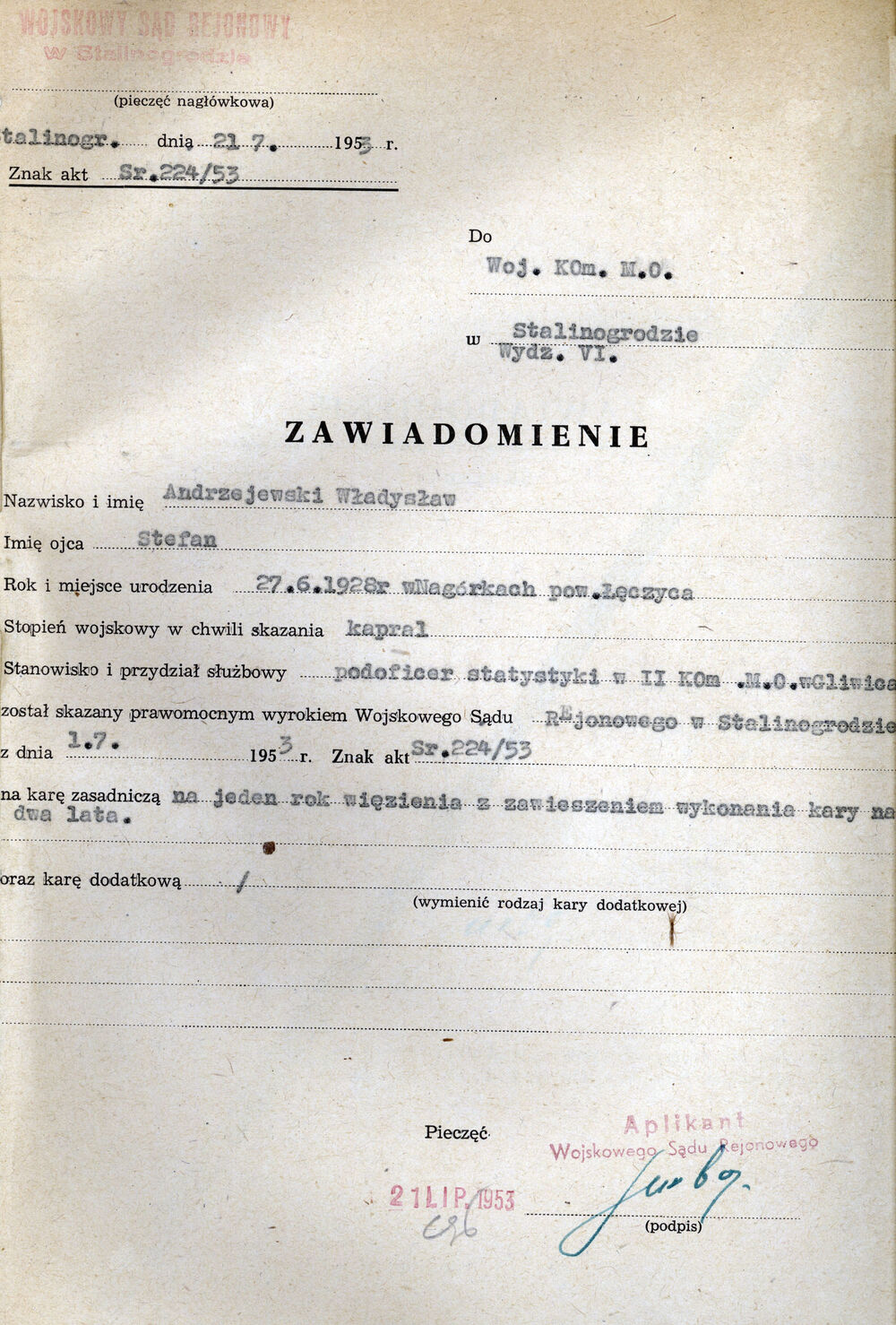 Informacja o wymiarze kary (IPN Ka 238/4255)