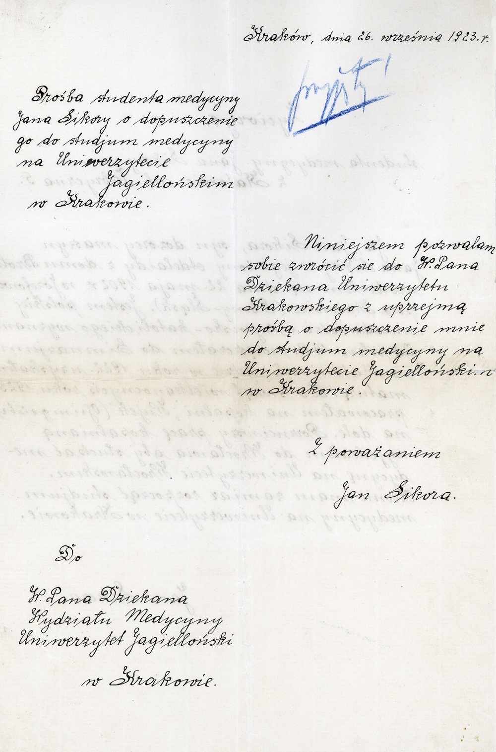 Podanie Jana Sikory do dziekana Wydziału Medycyny Uniwersytetu Jagiellońskiego o przyjęcie na studia medyczne, 26 września 1923 r. (IPN Ka 115/208)