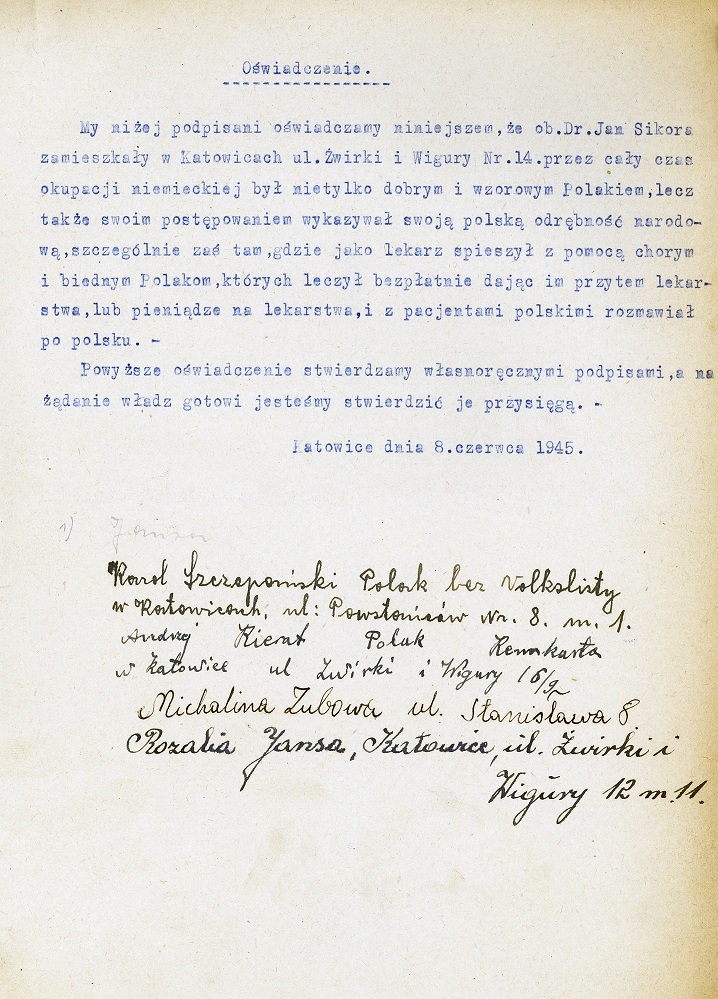 Świadectwa postawy Jana Sikory w czasie II wojny światowej, czerwiec 1945 r. (IPN Ka 115/208)