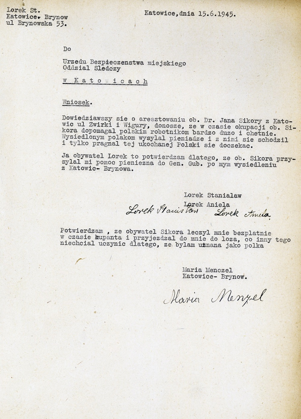 Świadectwa postawy Jana Sikory w czasie II wojny światowej, czerwiec 1945 r. (IPN Ka 115/208)