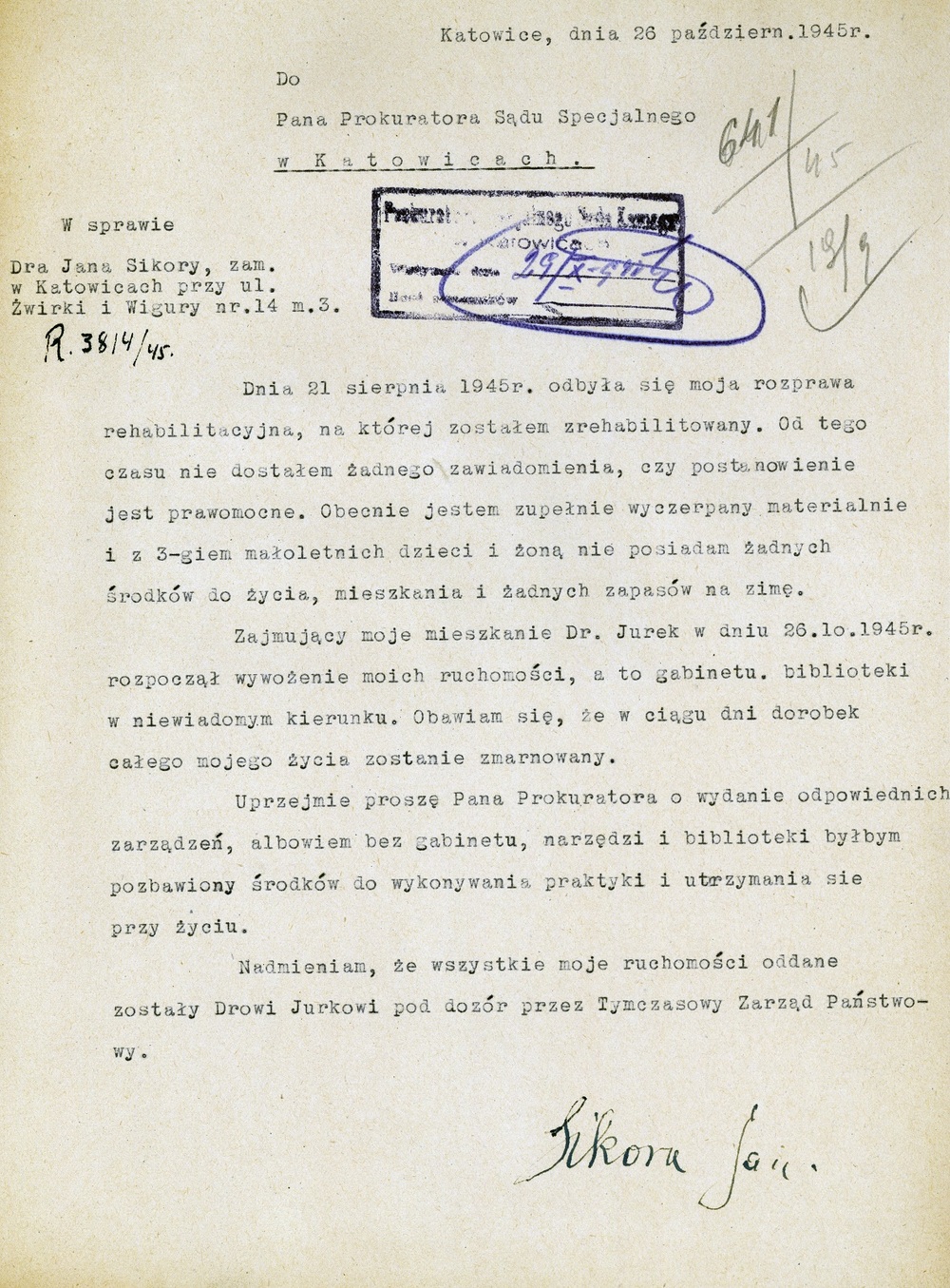 Pismo Jana Sikory w sprawie zwolnienia jego ruchomości i nieruchomości spod dozoru, październik 1945 r. (IPN Ka 115/208)