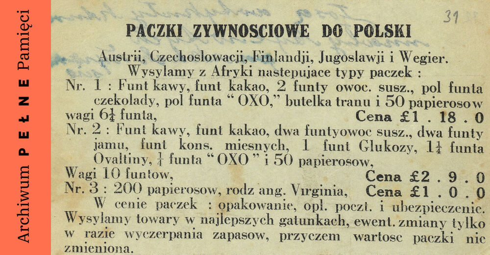 Informacja dot. przesłania paczek żywnościowych do Polski, IPN Ka 454/140