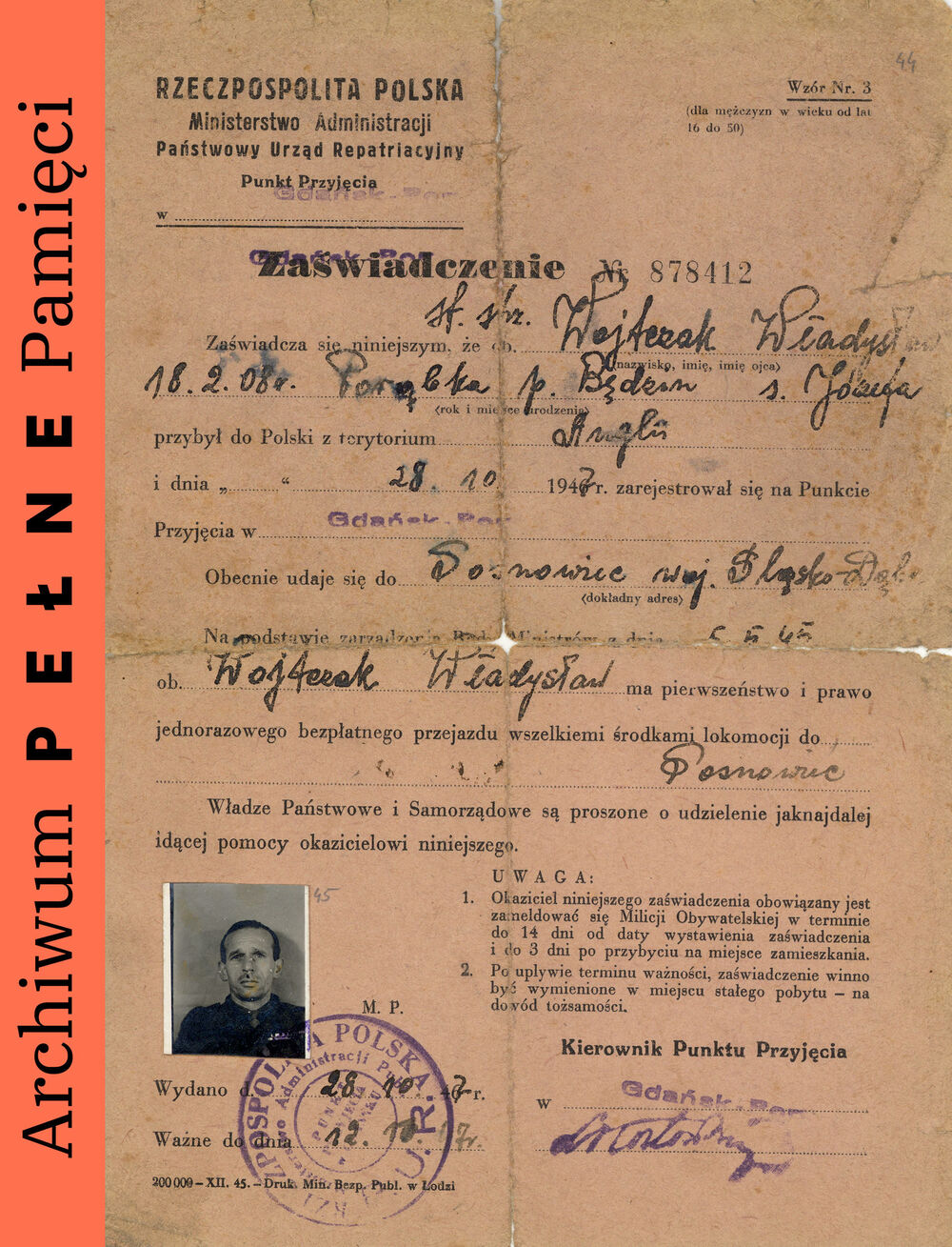 Zaświadczenie nr 878412 wydane dla Władysława Wojtczaka przez Państwowy Urząd Repatriacyjny Punkt Przyjęcia w Gdańsku, 28.10.1947 r., IPN Ka 454/140