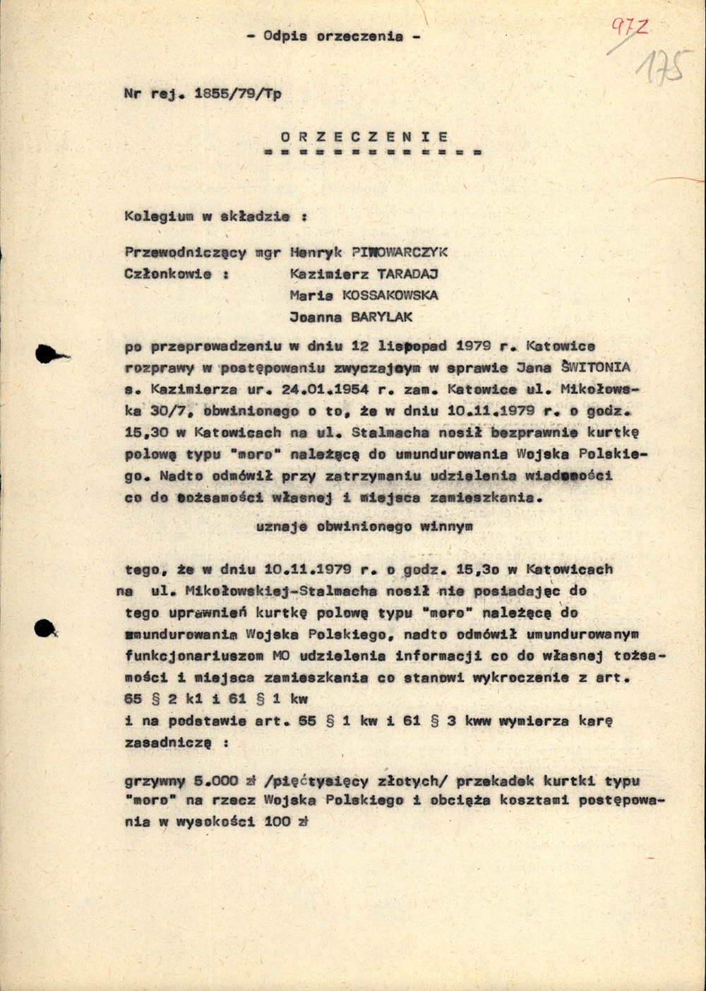 Odpis orzeczenia w sprawie ukarania Jana Świtonia w listopadzie 1979 r. przez Kolegium ds. Wykroczeń za bezprawne noszenie kurtki polowej typu „moro” (AIPN Ka 029/698, t. 5)