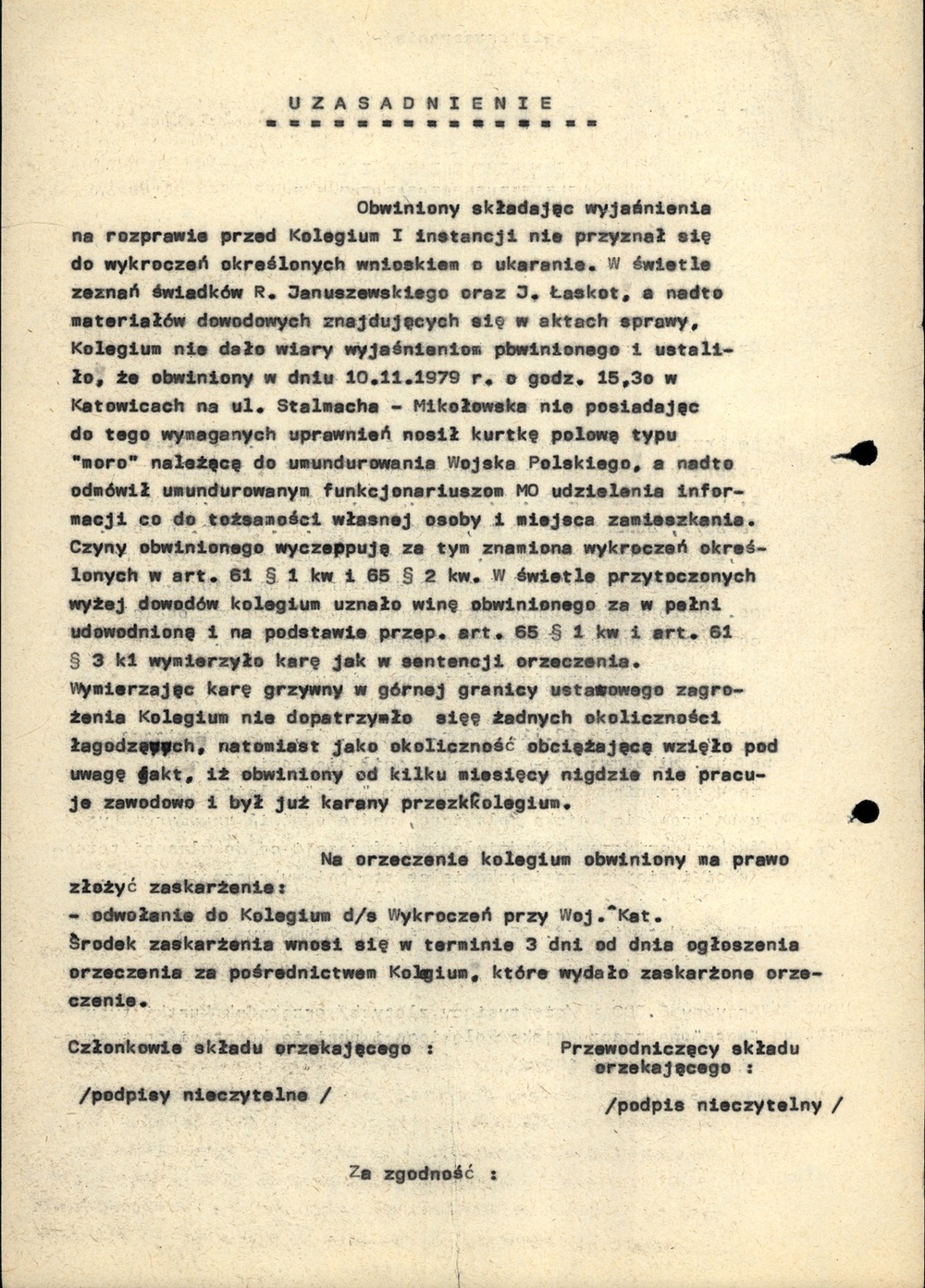 Odpis orzeczenia w sprawie ukarania Jana Świtonia w listopadzie 1979 r. przez Kolegium ds. Wykroczeń za bezprawne noszenie kurtki polowej typu „moro” (AIPN Ka 029/698, t. 5)