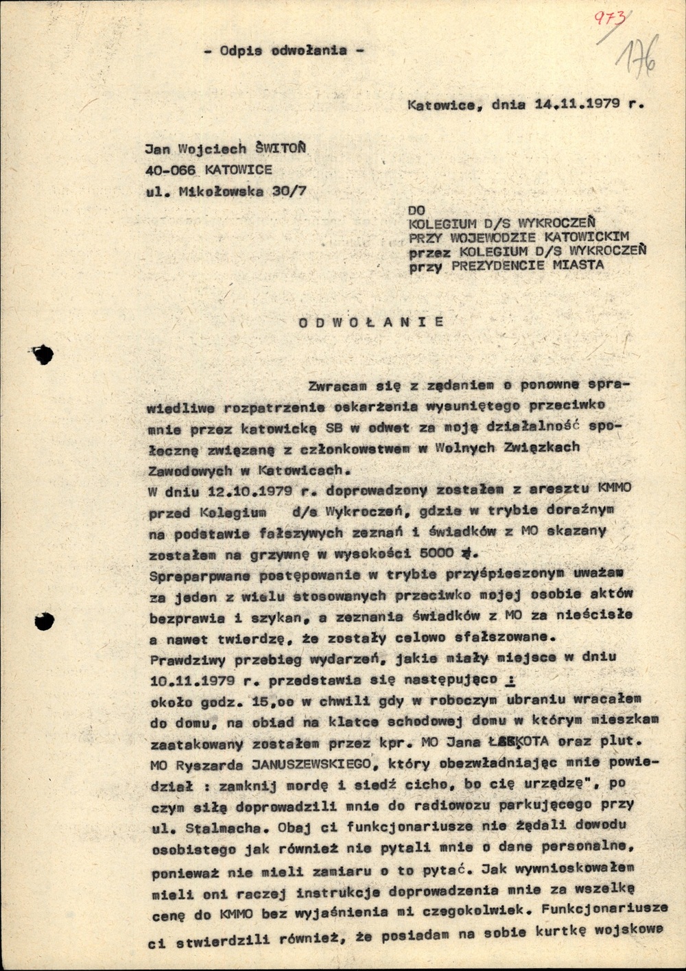 Odpis odwołania Jana Świtonia od ukarania go w listopadzie 1979 r. przez Kolegium ds. Wykroczeń za bezprawne noszenie kurtki polowej typu „moro” (AIPN Ka 029/698, t. 5)
