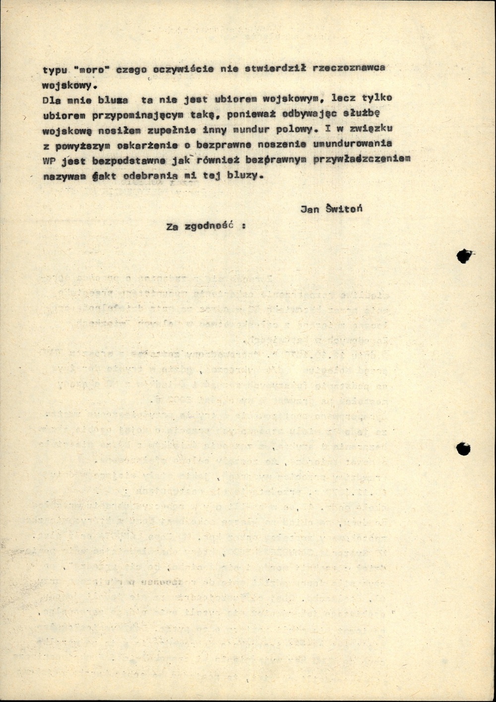 Odpis odwołania Jana Świtonia od ukarania go w listopadzie 1979 r. przez Kolegium ds. Wykroczeń za bezprawne noszenie kurtki polowej typu „moro” (AIPN Ka 029/698, t. 5)