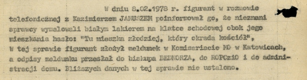 Fragment meldunku Wydz. III KWMO Katowice z 10 II 1978 r. zawierający informacje m.in. o działaniach mających skompromitować K. Świtonia (AIPN Ka 048/916)