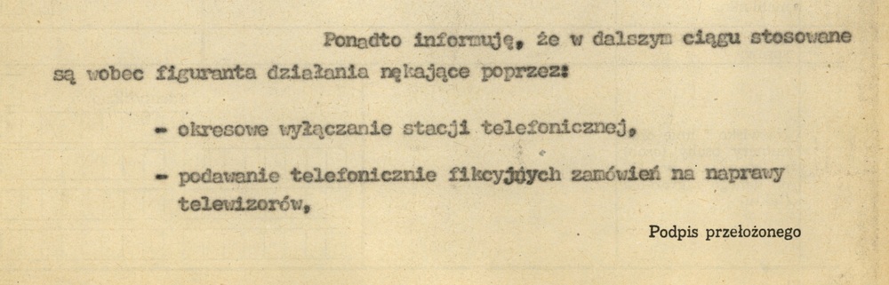 Fragment meldunku Wydz. III KWMO Katowice z 28 XI 1977 r. zawierający informację m.in. o sposobach nękania K. Świtonia przez SB (AIPN Ka 048/916, t. 1)