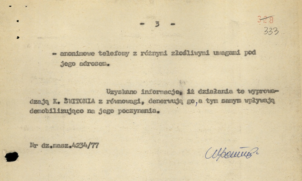 Fragment meldunku Wydz. III KWMO Katowice z 28 XI 1977 r. zawierający informację m.in. o sposobach nękania K. Świtonia przez SB (AIPN Ka 048/916, t. 1)