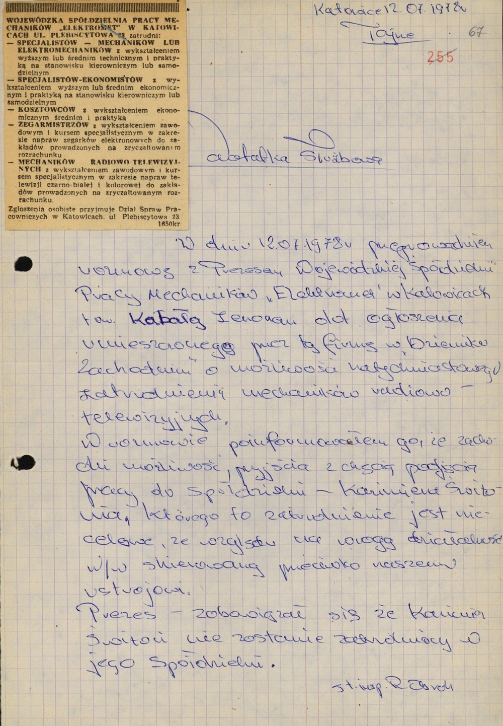 Notatka z 12 VII 1978 r. z rozmowy z prezesem Wojewódzkiej Spółdzielni Pracy Mechaników „Elektromet”, Zenonem Kabałą, w sprawie niezatrudniania K. Świtonia (AIPN Ka 048/916, t. 4)