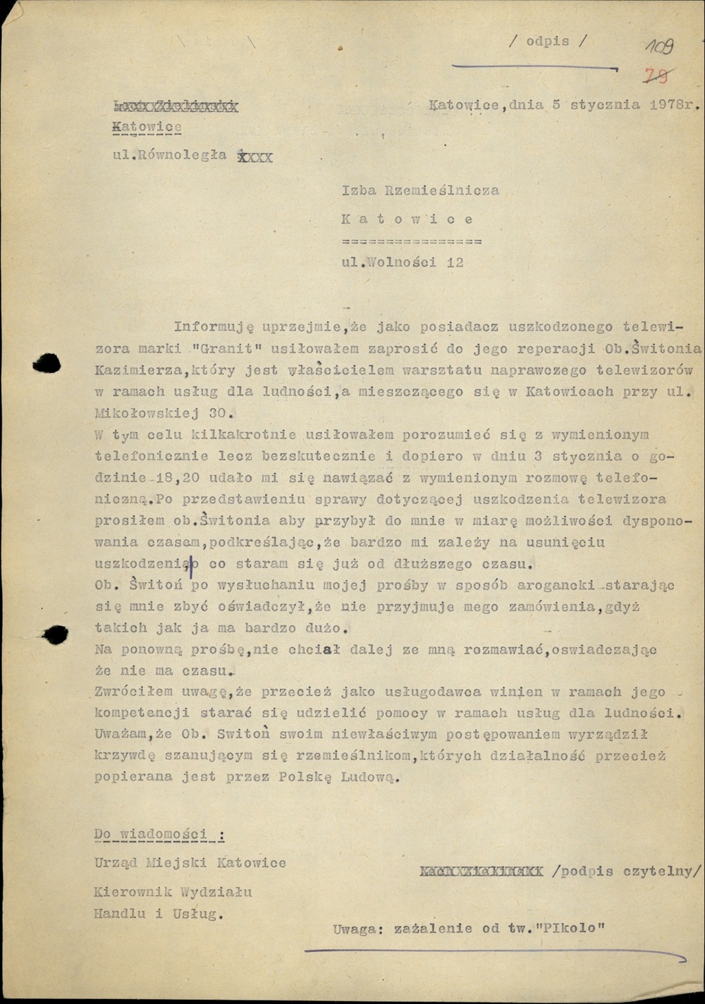 Odpis zażalenia na rzekomo złą jakość usług świadczonych przez K. Świtonia przesłane w styczniu 1978 r. przez TW „Pikolo” (AIPN Ka 048/916, t. 5)