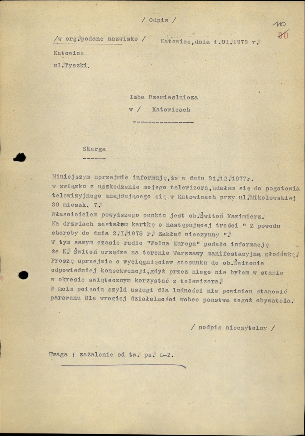 Odpis zażalenia na rzekomo złą jakość usług świadczonych przez K. Świtonia przesłane w styczniu 1978 r. przez TW „L-2” (AIPN Ka 048/916, t. 5)