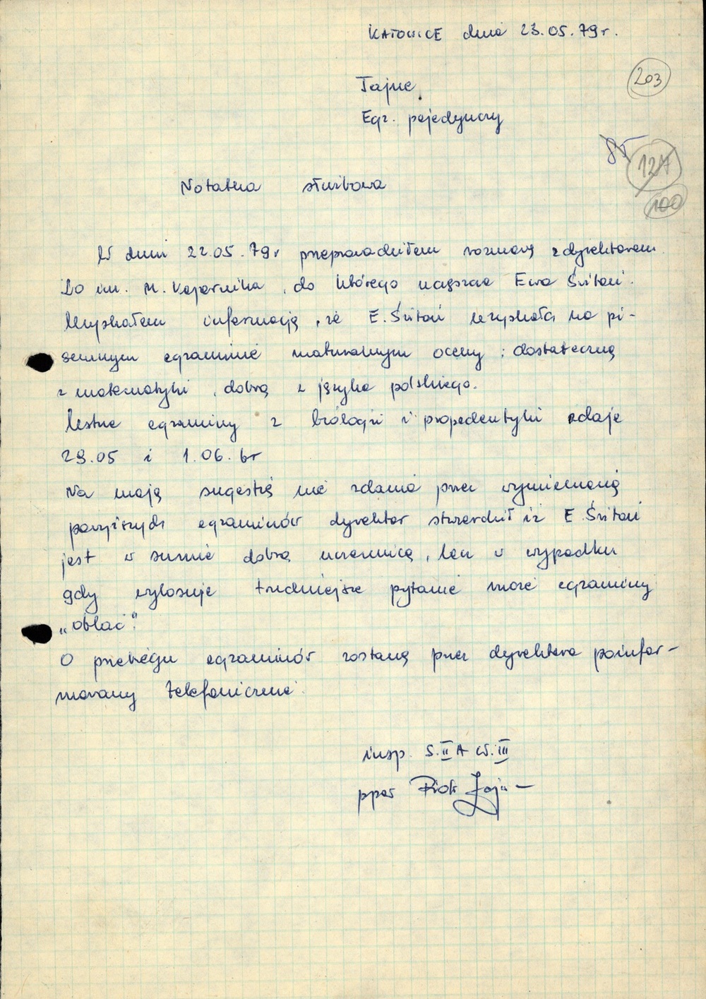 Notatka z 23 V 1979 r. dot. planów oblania córki Świtonia Ewy na egzaminie maturalnym (AIPN Ka 048/916, t. 7)