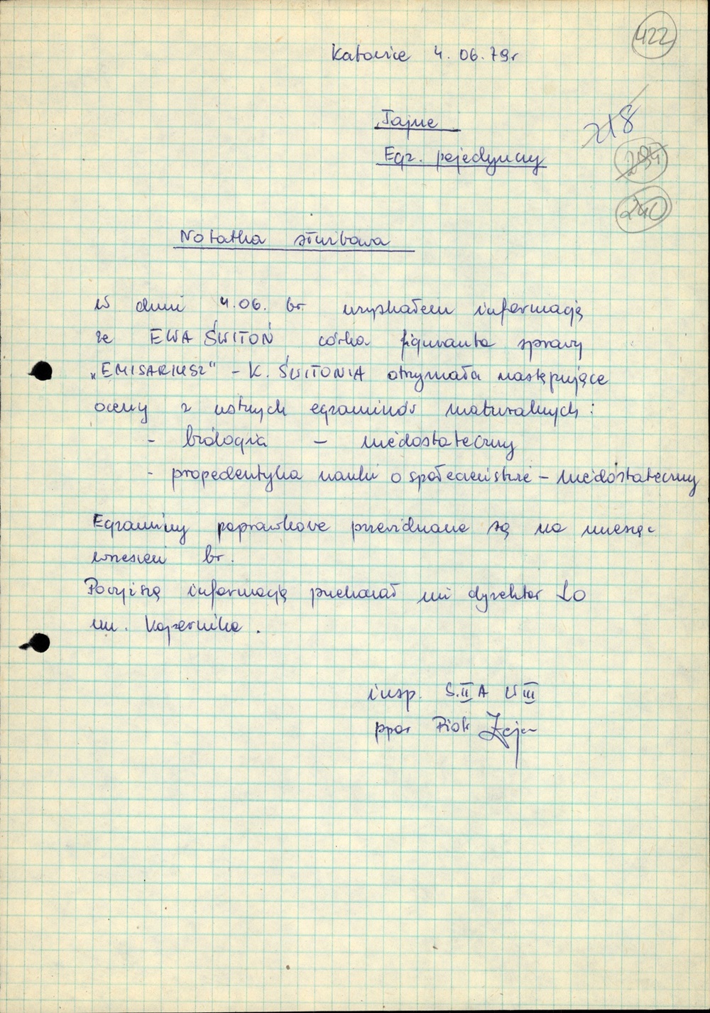 Notatka z 4 VI 1979 r. z informacją o niezdaniu przez Ewę Świtoń egzaminów maturalnych (AIPN Ka 048/916, t. 7)