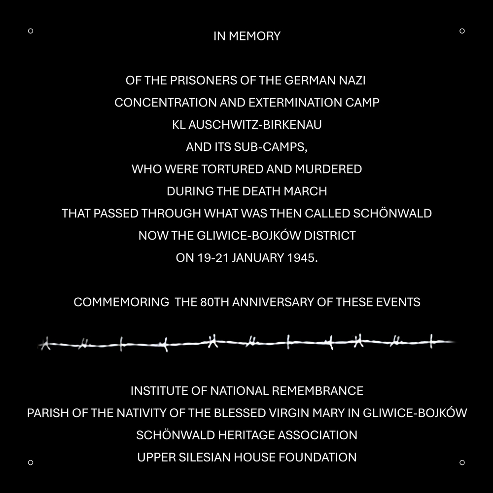 Tablica upamiętniająca ofiary Marszu Śmierci w języku angielskim.