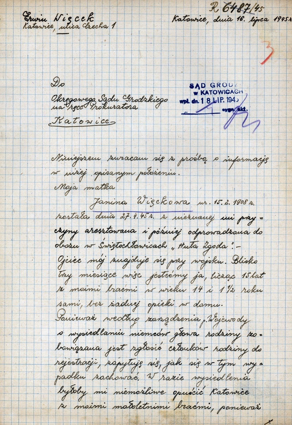 List do Sądu Grodzkiego w Katowicach z 16 lipca 1945 r., IPN Ka 116/6870