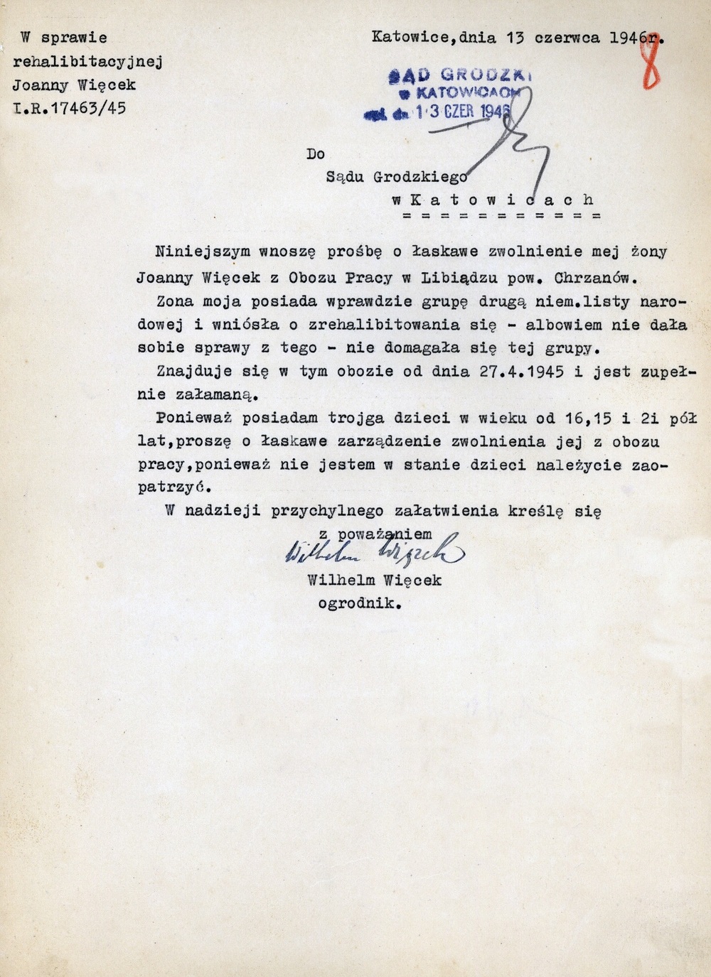 List do Sądu Grodzkiego w Katowicach z 13 czerwca 1946 r., IPN Ka 116/6870